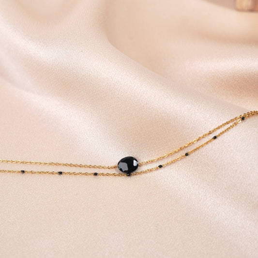 Bracelet acier double rang chaine fine pierre onyx noir