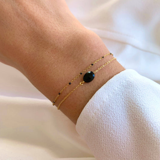 Bracelet acier double rang chaine fine pierre onyx noir